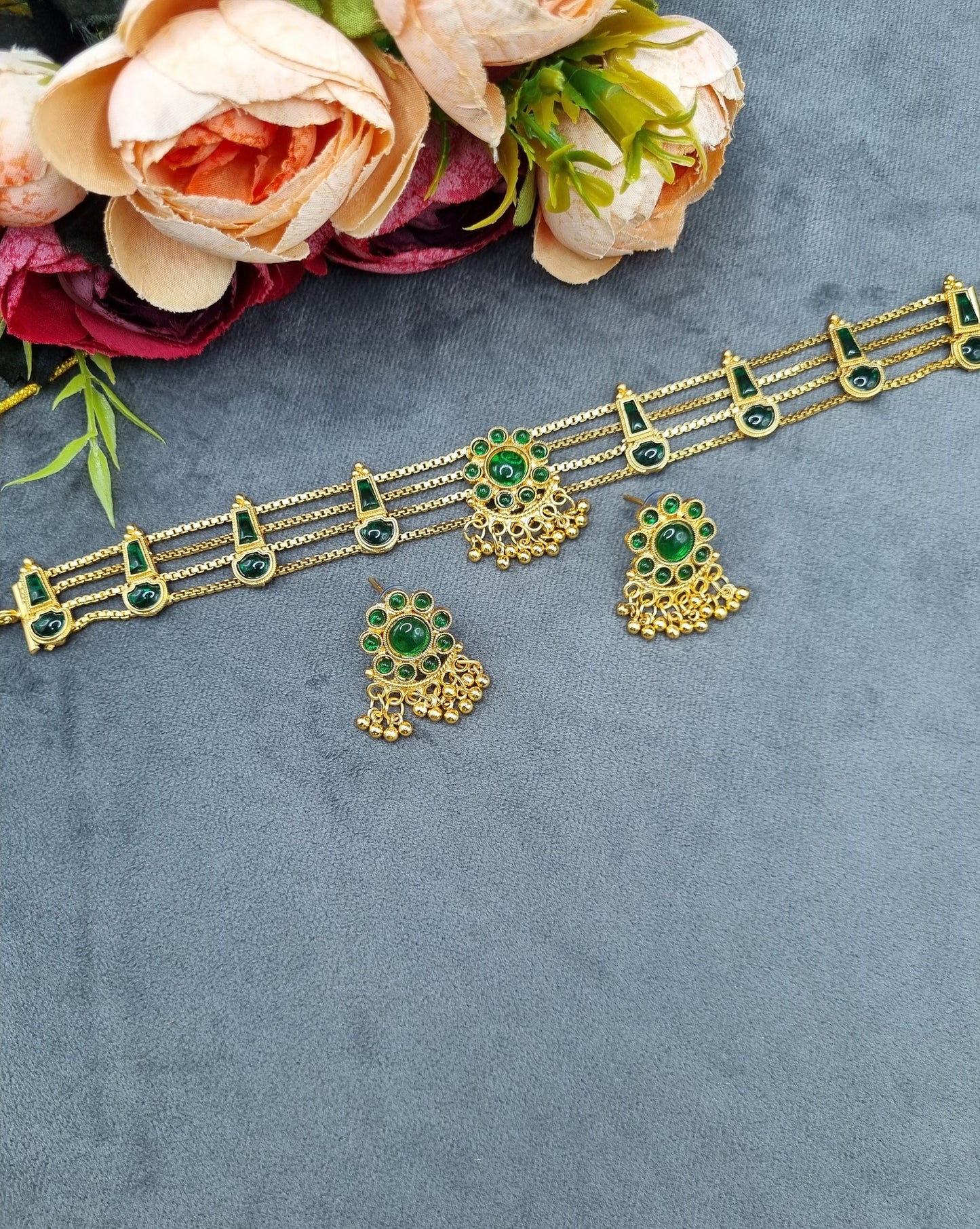 Traditional Gold-Plated Stone Choker & Earrings Set
