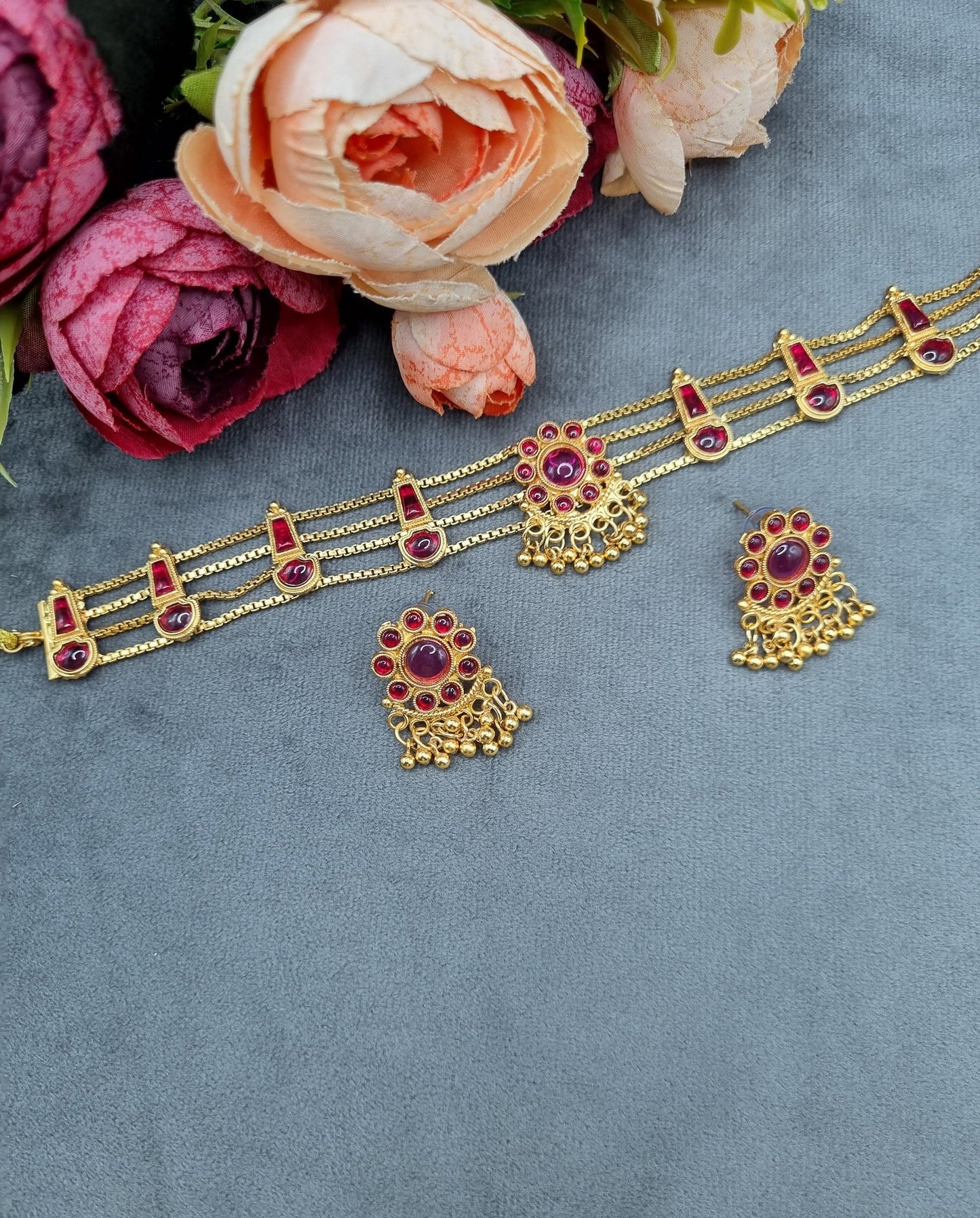 Traditional Gold-Plated Stone Choker & Earrings Set