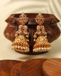 Antique Matte Gold Temple Lakshmi Jhumka with Ruby, Emerald & Pearl Drops