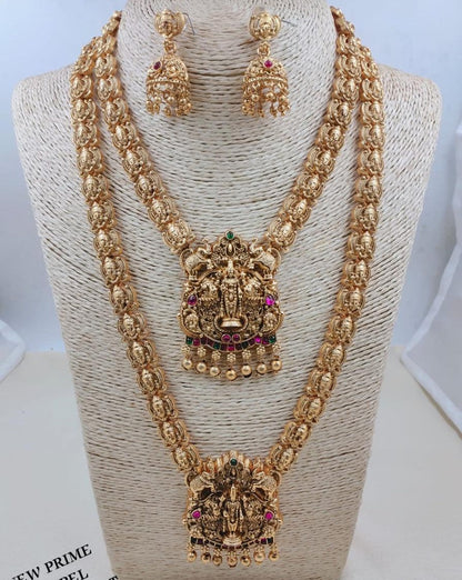 Antique Gold Lord Venkateswara Balaji Temple Necklace Combo Set with Jhumka Earrings