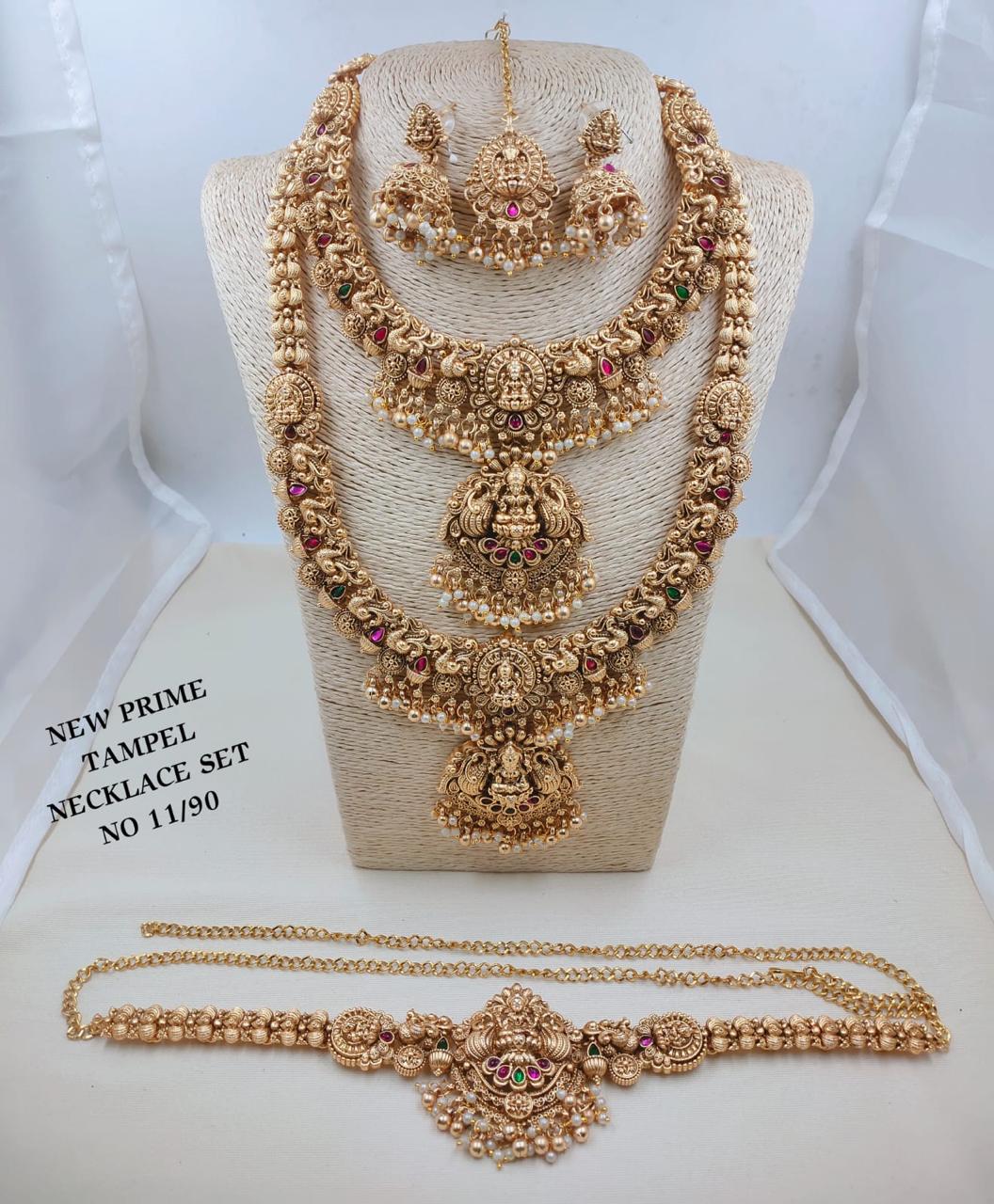 Grand Antique Gold Goddess Laxmi Temple Bridal Jewelry Set (Necklaces, Earrings, Maang Tikka & Vaddanam)