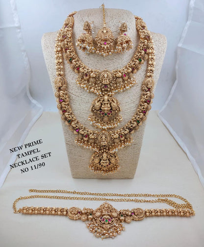 Grand Antique Gold Goddess Laxmi Temple Bridal Jewelry Set (Necklaces, Earrings, Maang Tikka & Vaddanam)