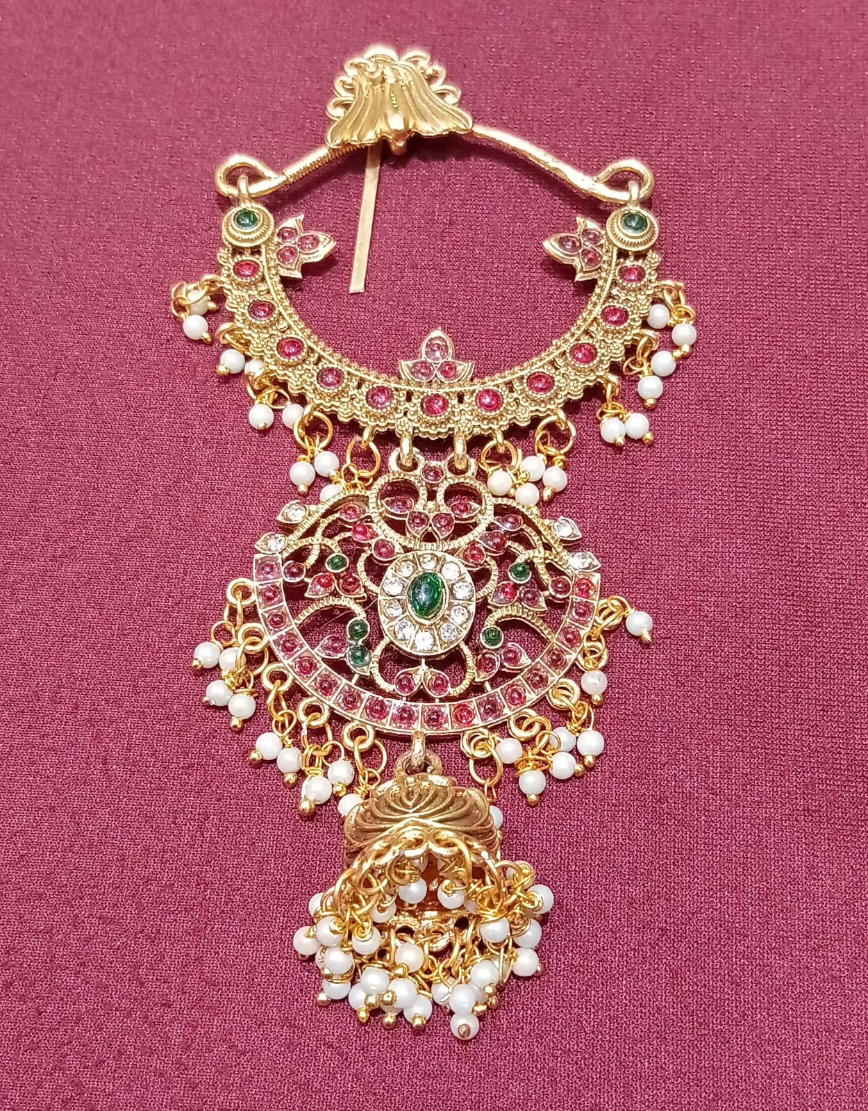 Traditional Antique Gold Temple Hair Clip with Jhumki & Pearl Drops