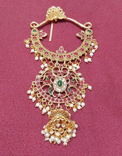 Traditional Antique Gold Temple Hair Clip with Jhumki & Pearl Drops