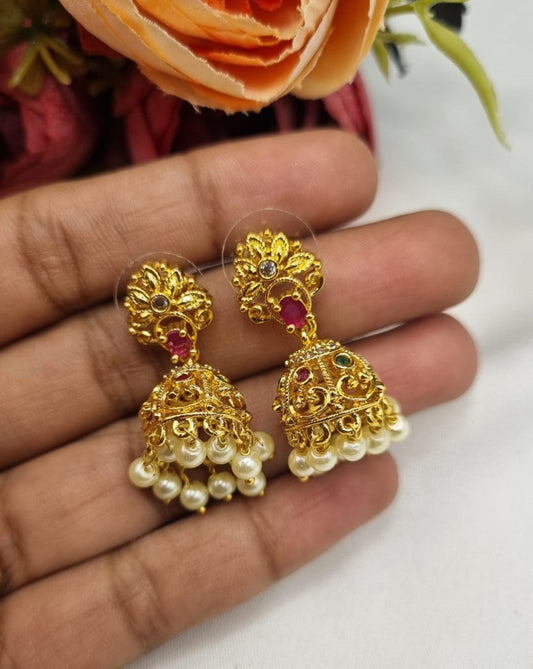 Intricate Filigree Jhumka Earrings with Pearl Clusters