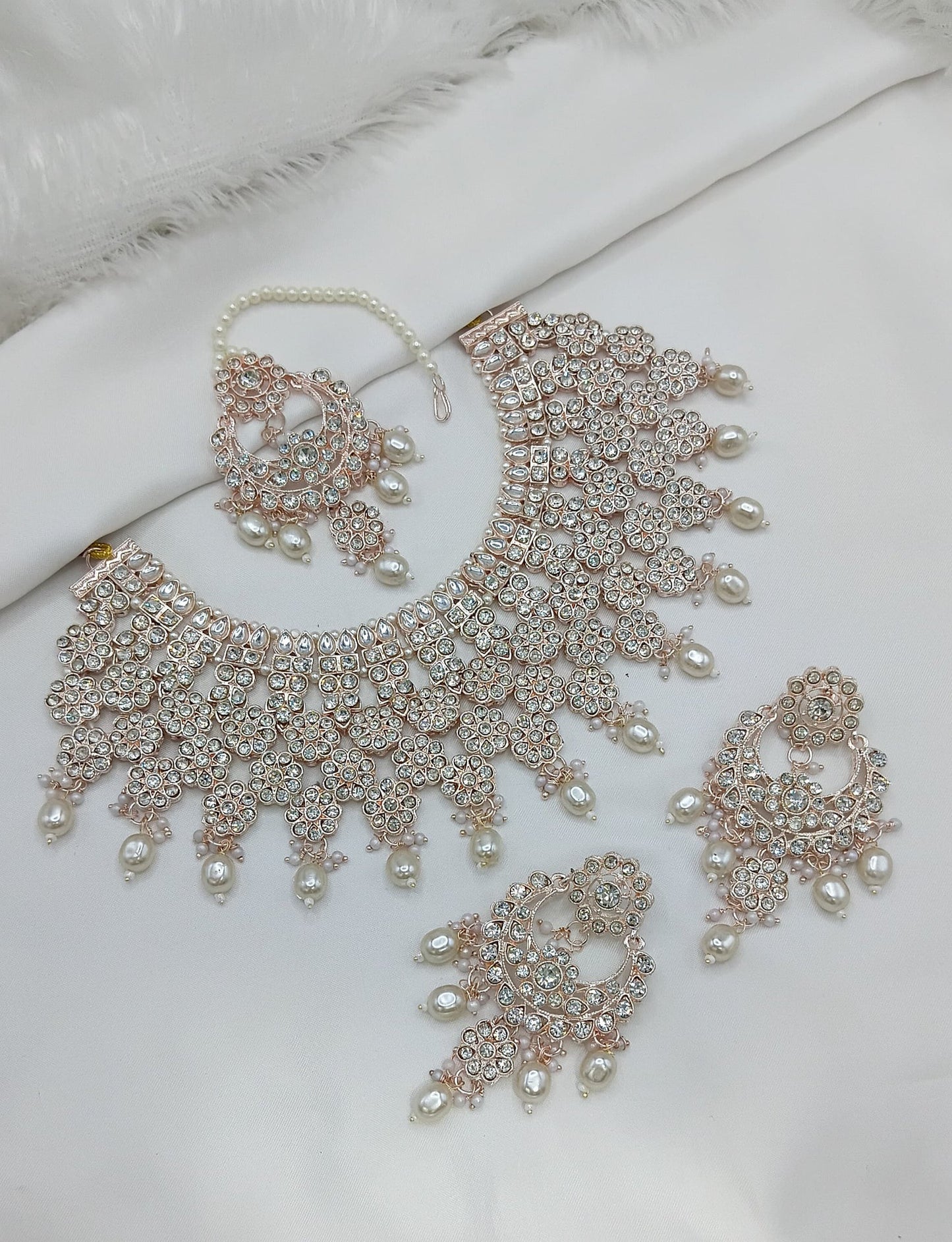 Rose Gold & White Stone Bridal Choker Set with Pearls