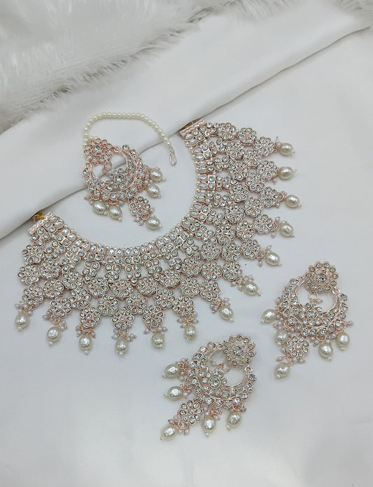 Rose Gold & White Stone Bridal Choker Set with Pearls