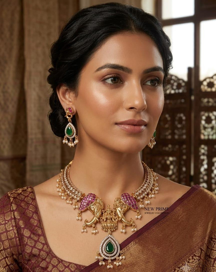 Royal Divine Laxmi Elephant Temple Choker Necklace Set with Earrings