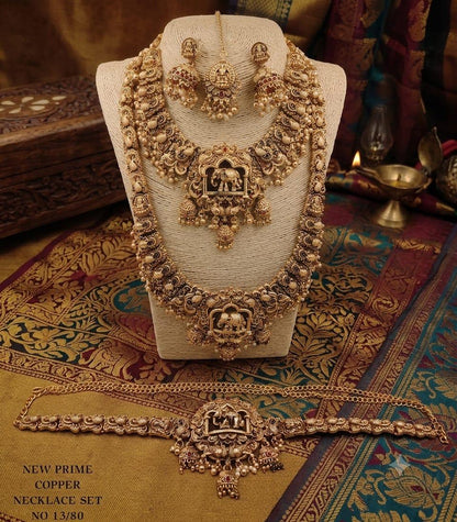 Grand Antique Copper Elephant Temple Bridal Jewelry Set (Necklaces, Earrings, Maang Tikka & Vaddanam/Kamardhani)