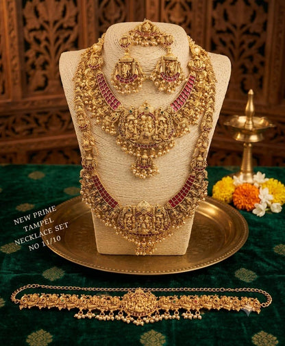 Grand Antique Gold Laxmi Temple Bridal Jewellery Set (Necklaces, Earrings, Mang Tikka & Vaddanam)