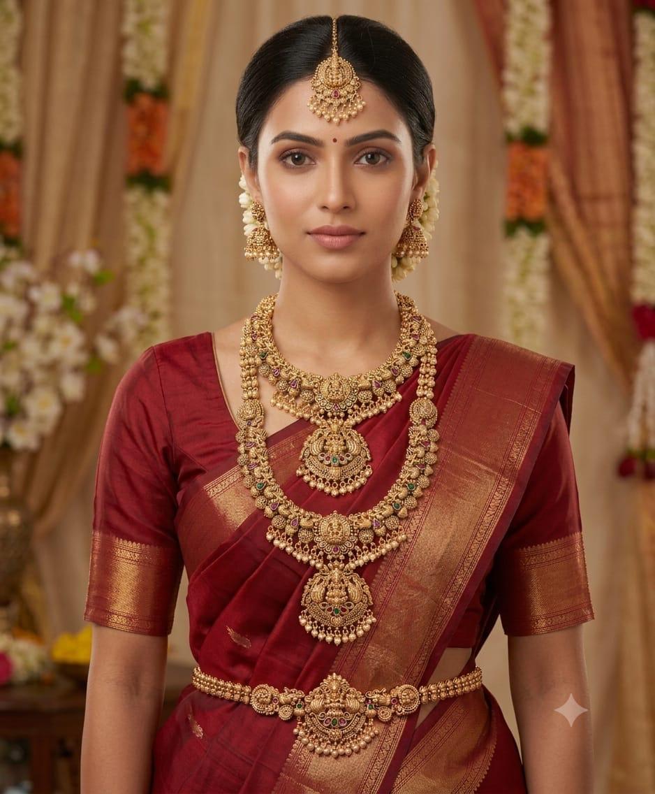 Grand Antique Gold Goddess Laxmi Temple Bridal Jewelry Set (Necklaces, Earrings, Maang Tikka & Vaddanam)