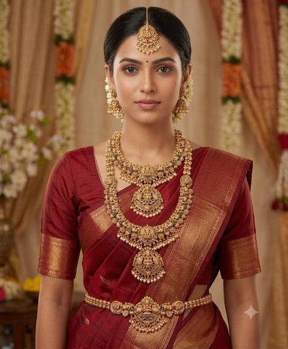 Grand Antique Gold Goddess Laxmi Temple Bridal Jewelry Set (Necklaces, Earrings, Maang Tikka & Vaddanam)